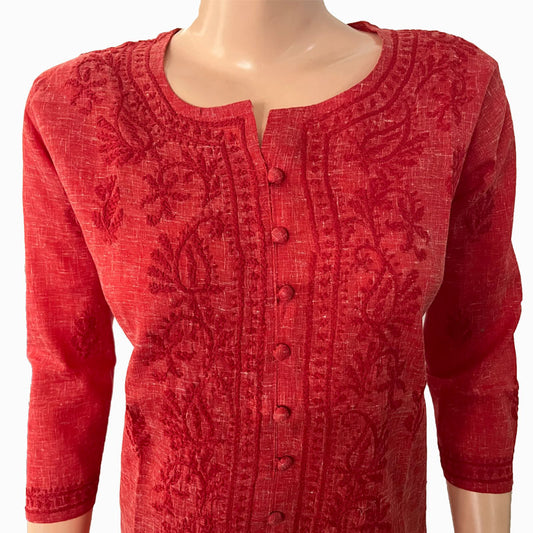 Copy of Slub Cotton  Chikankari Straight cut Kurta,  Brick Red, KC1027