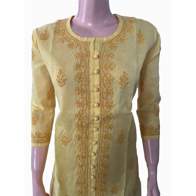 Pure Cotton  Chikankari Straight cut Kurta with Potli Button Details, Lemon Yellow, KC1029