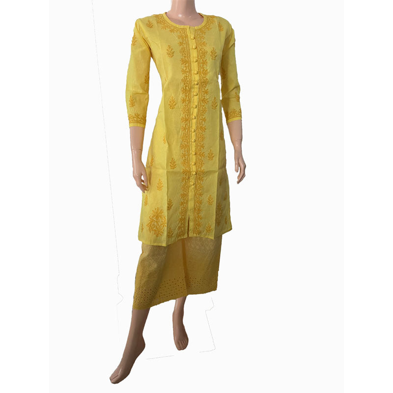 Pure Cotton  Chikankari Straight cut Kurta with Potli Button Details, Lemon Yellow, KC1029