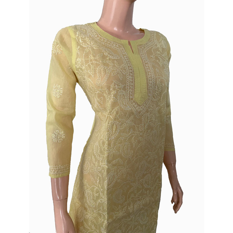 Pure Cotton  Chikankari Straight cut Kurta with Potli Button Details, Lemon Yellow, KC1029