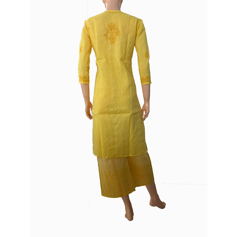 Pure Cotton  Chikankari Straight cut Kurta with Potli Button Details, Lemon Yellow, KC1029