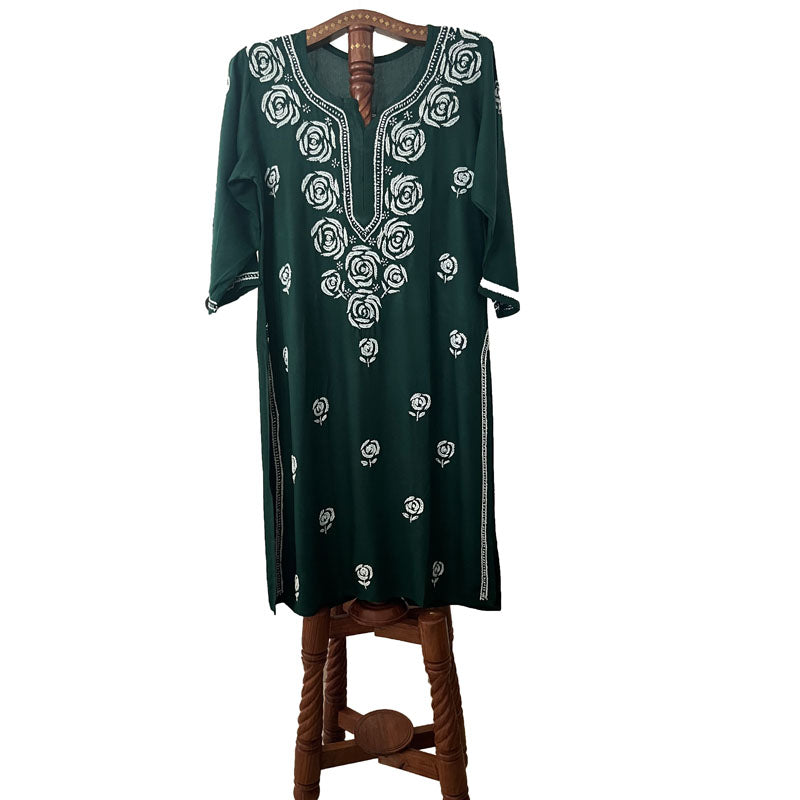 Rayon Cotton  Straight cut Chikankari  Kurta, Bottle Green, KC1036