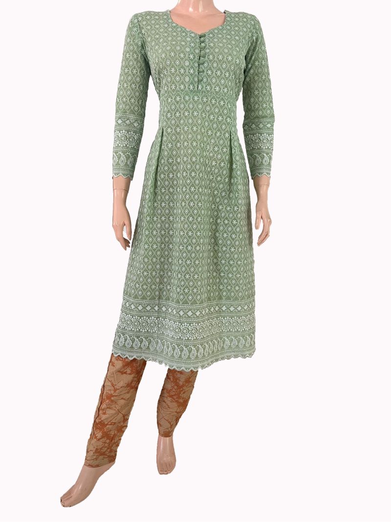 Fully Embroidered Chikankari Inspired Sweetheart Neck Pleated Kurta, Pastal Green, KW1048