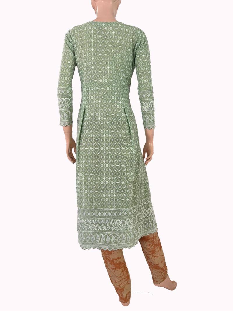 Fully Embroidered Chikankari Inspired Sweetheart Neck Pleated Kurta, Pastal Green, KW1048