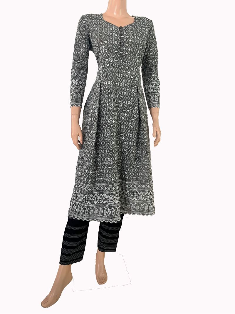 Fully Embroidered Chikankari Inspired Sweetheart Neck Pleated Kurta, Grey, KW1047