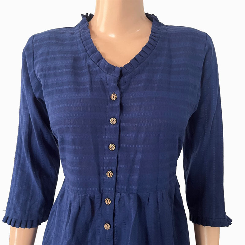 Woven Cotton Self Striped Short Kurta with Pleats & Wooden Button Details, Deep blue,  KH1072