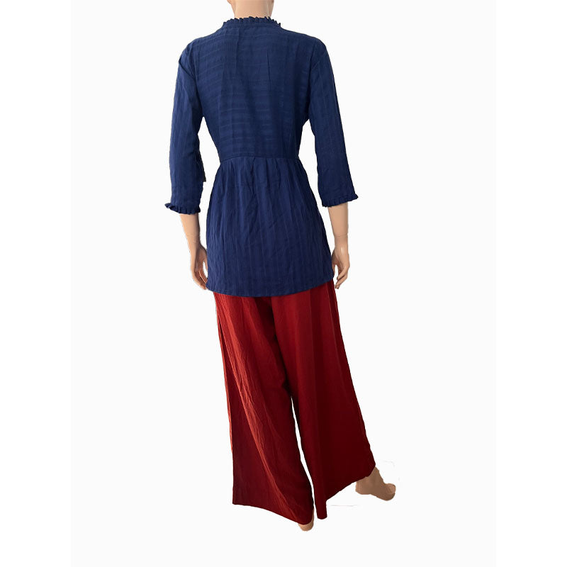 Woven Cotton Self Striped Short Kurta with Pleats & Wooden Button Details, Deep blue,  KH1072