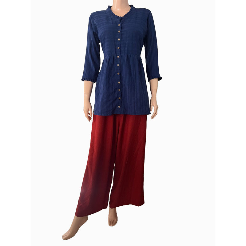 Woven Cotton Self Striped Short Kurta with Pleats & Wooden Button Details, Deep blue,  KH1072