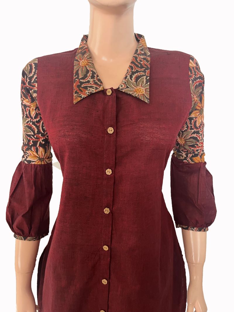 Handloom South Cotton Straight cut Kurti with Kalamkari Patches & Collar neck, Maroon,  KH1075