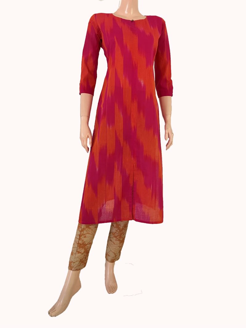 Mangalgiri Tie-Dye Cotton Straight cut Kurti , Majentha - Orange ,  KH1076