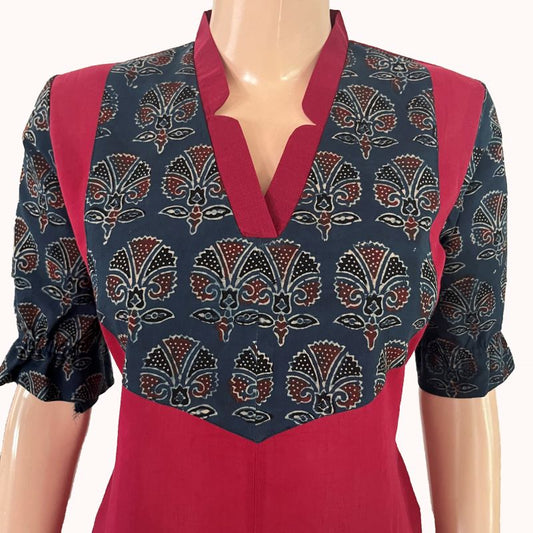 South Cotton V  Collar A line Kurta with Ajrakh patches  , Marron- Indigo Blue ,  KH1077