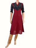 South Cotton V  Collar A line Kurta with Ajrakh patches  , Marron- Indigo Blue ,  KH1077