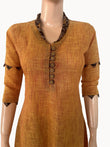 Slub Cotton Shawl Collar A line Kurta with Kalamkari Patches, Mustard ,  KH1078