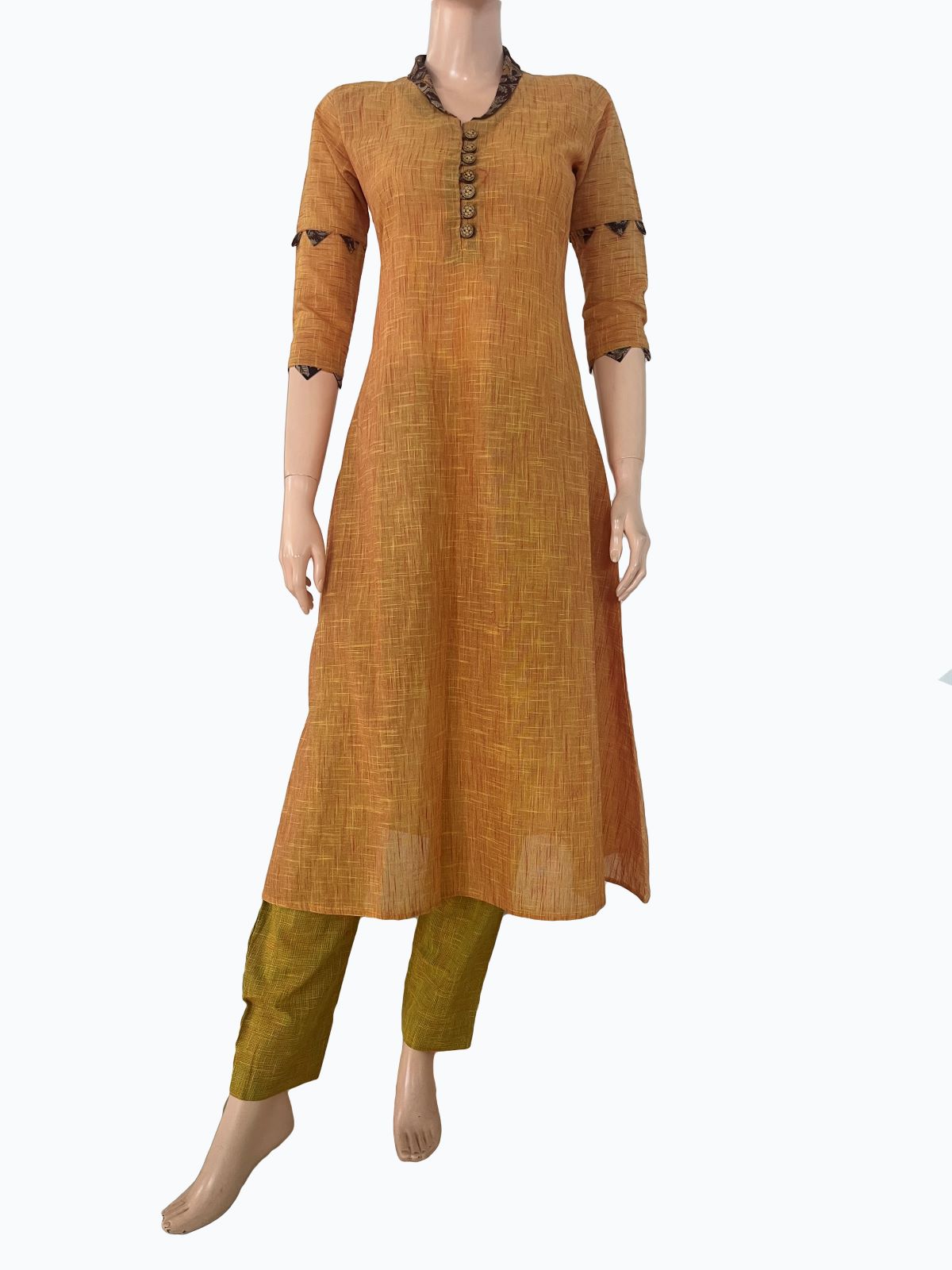 Slub Cotton Shawl Collar A line Kurta with Kalamkari Patches, Mustard ,  KH1078