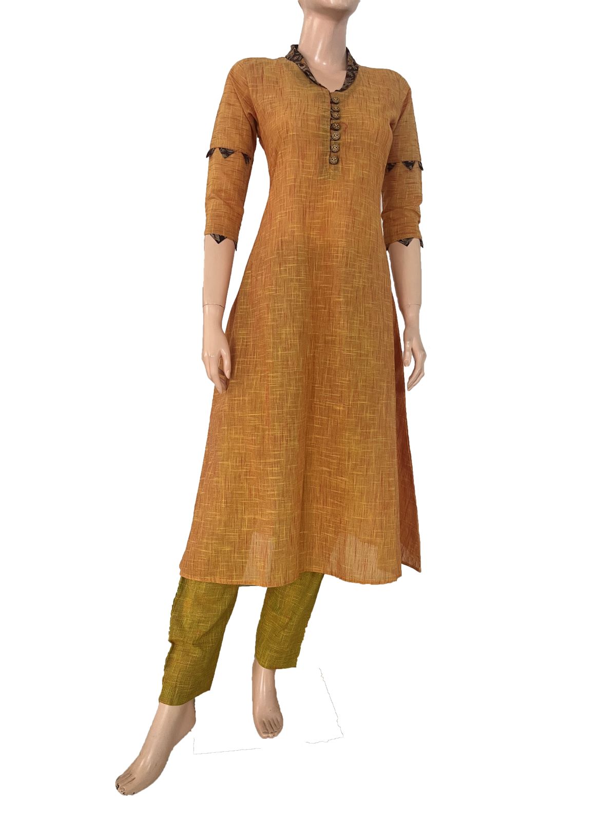 Slub Cotton Shawl Collar A line Kurta with Kalamkari Patches, Mustard ,  KH1078