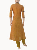 Slub Cotton Shawl Collar A line Kurta with Kalamkari Patches, Mustard ,  KH1078