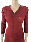 Slub Cotton Scallop Neck A line Kurta with 3/4 Sleeves , Maroon , KH1080