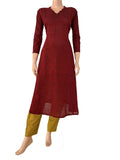 Slub Cotton Scallop Neck A line Kurta with 3/4 Sleeves , Maroon , KH1080