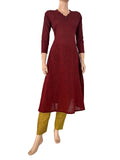 Slub Cotton Scallop Neck A line Kurta with 3/4 Sleeves , Maroon , KH1080