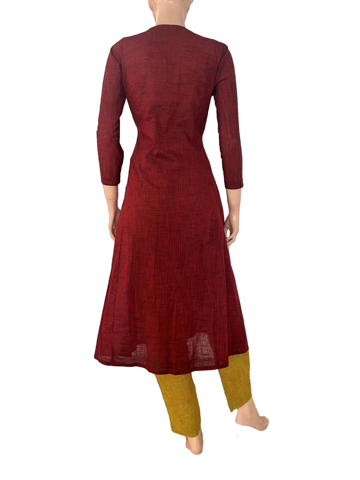 Slub Cotton Scallop Neck A line Kurta with 3/4 Sleeves , Maroon , KH1080