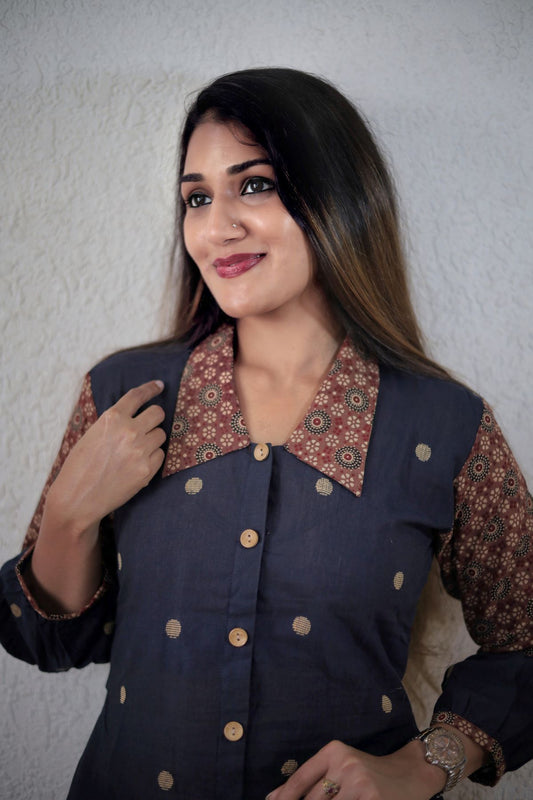 Handloom Cotton A Line Kurta with Ajrakh Collar & Sleeves with Wooden Button Details, Navy Blue ,  KH1086