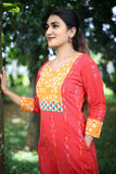 Ikat Cotton  Y Neck A line Kurta with Bathik Cotton Patches and Phoolkari Lace Details, Red, KI1038