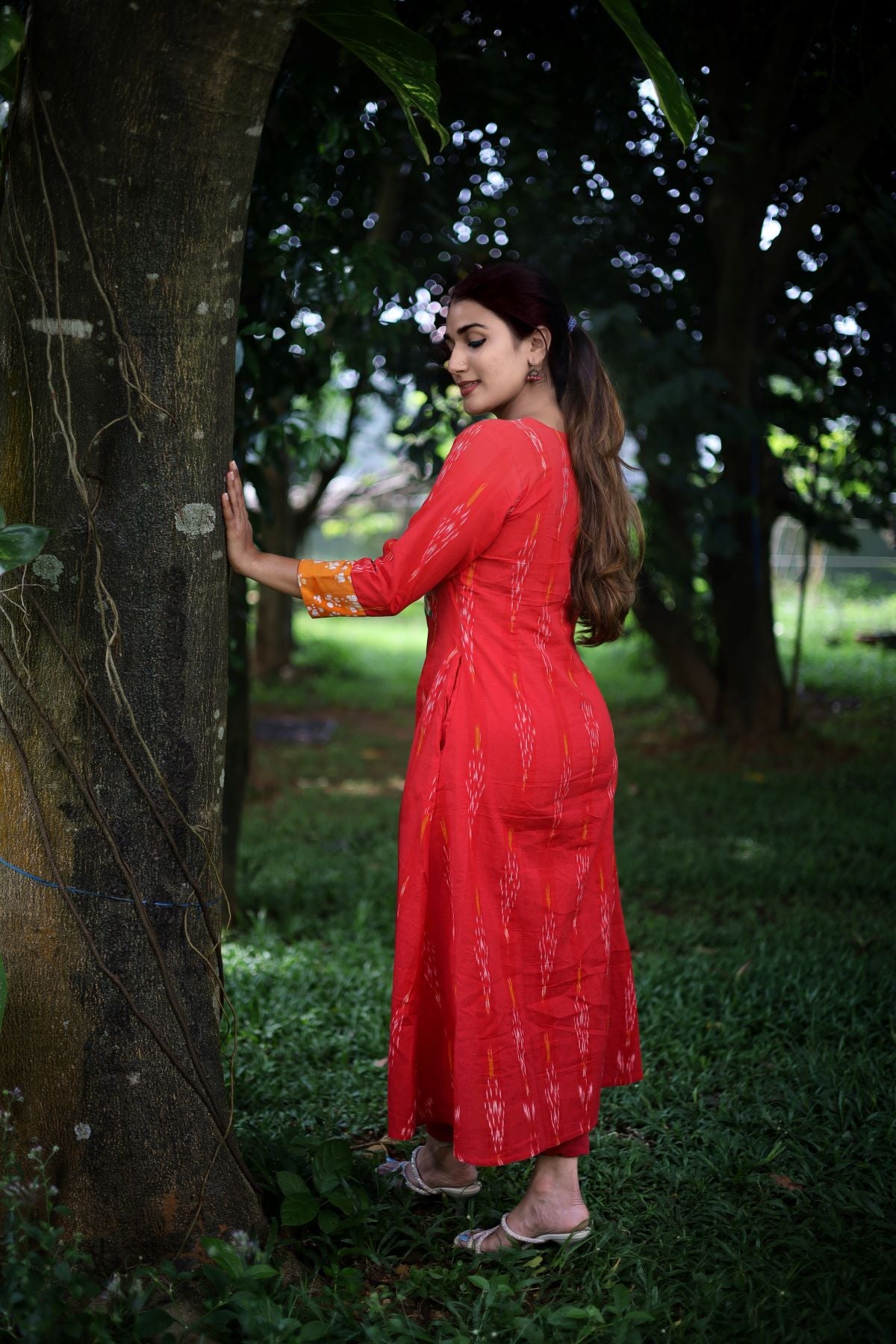 Ikat Cotton  Y Neck A line Kurta with Bathik Cotton Patches and Phoolkari Lace Details, Red, KI1038