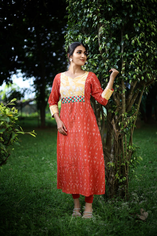 Ikat Cotton  Y Neck A line Kurta with Bathik Cotton Patches and Phoolkari Lace Details, Rust - Orange, KI1039