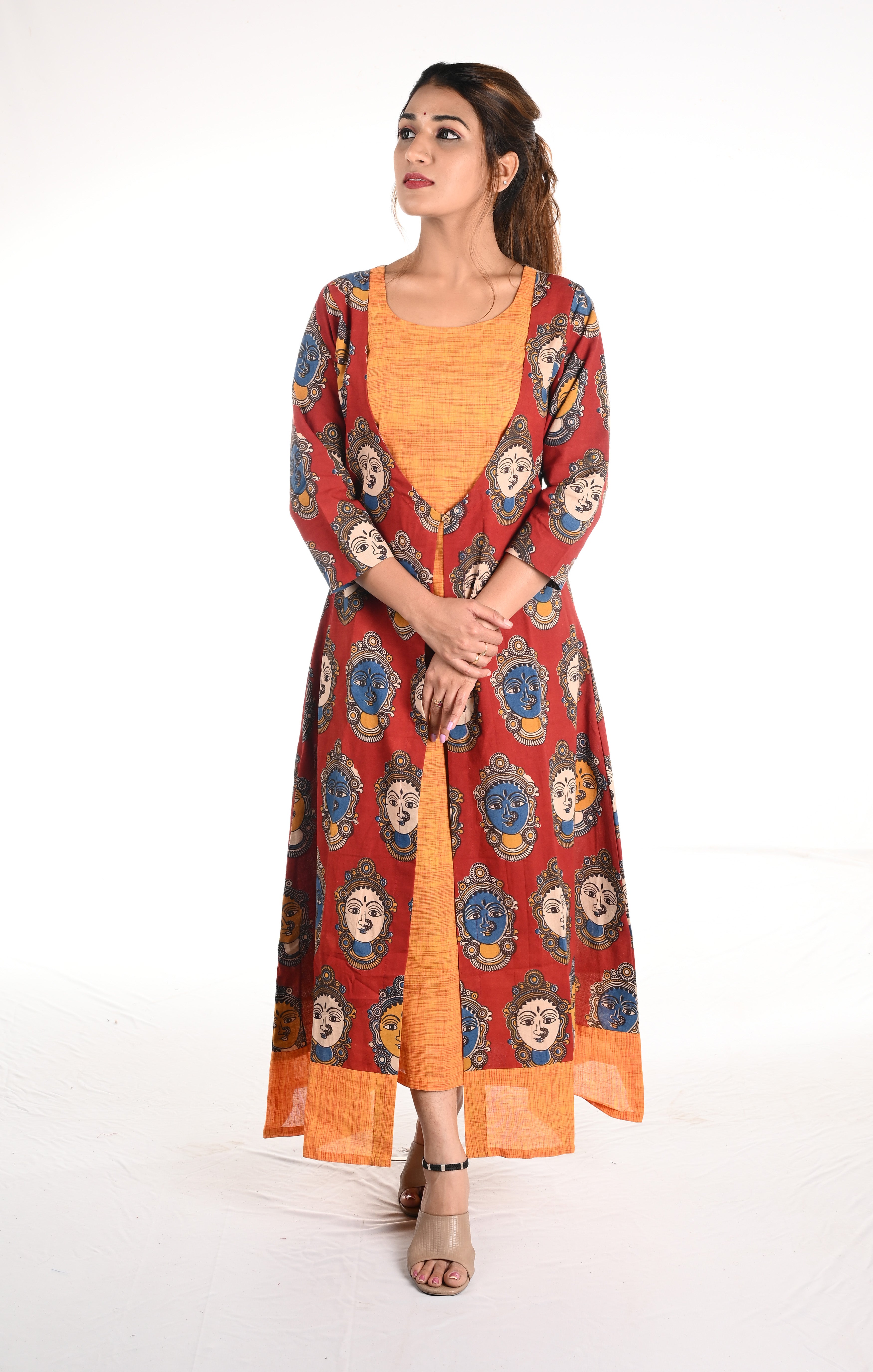 Kalamkari Cotton Roundneck Jacket Style Layered A line  Kurta  ,  Red - Mustard,  KK1074