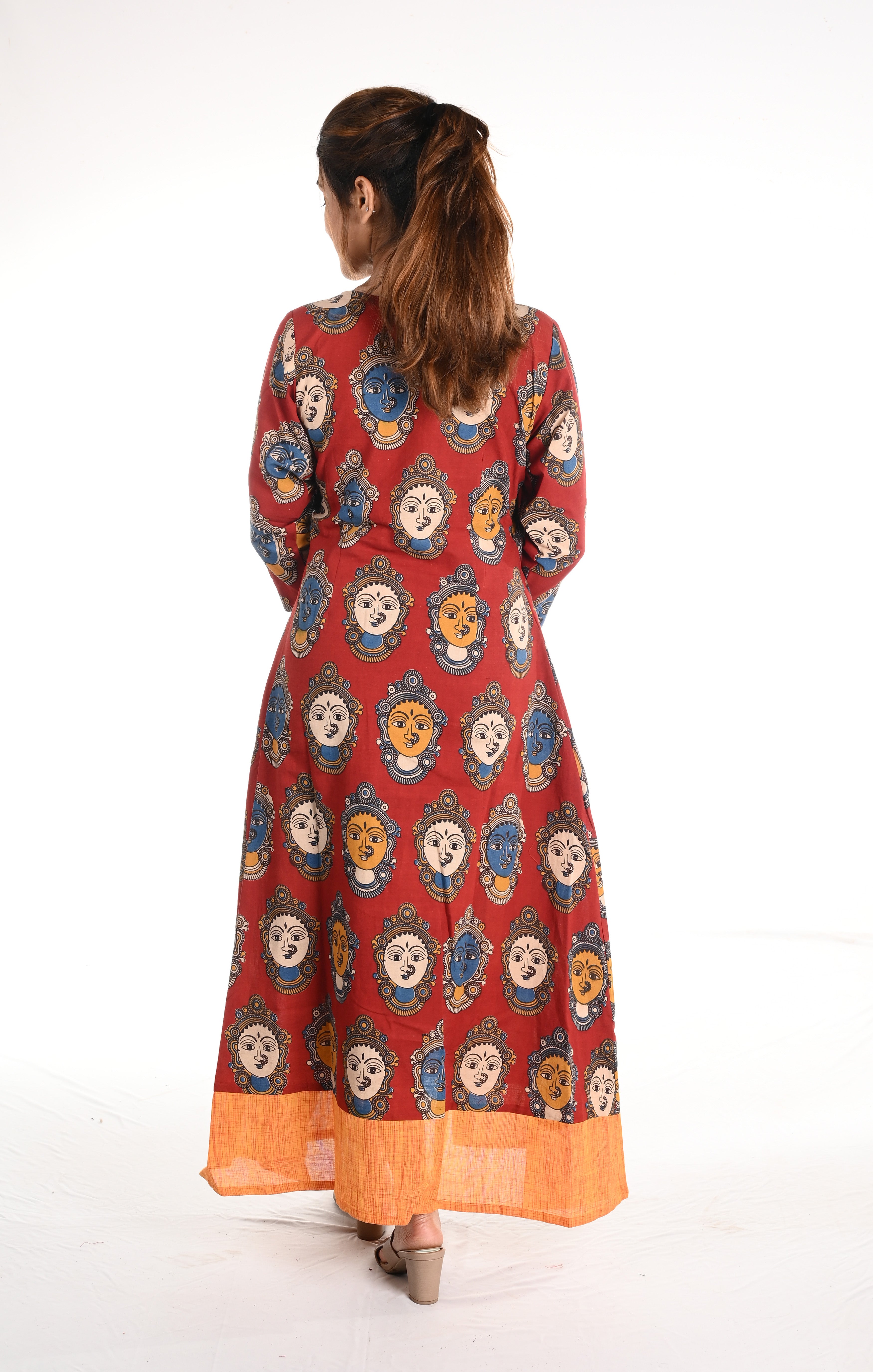 Kalamkari Cotton Roundneck Jacket Style Layered A line  Kurta  ,  Red - Mustard,  KK1074