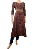 Kalamkari Cotton Paneled Y neck Kurta with Potli Button Details, Maroon,  KK1082