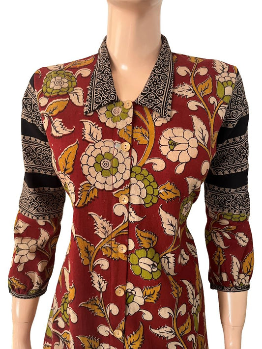 Kalamkari Cotton A line Kurta with Gathered Sleeves and Ajrakh Patches, Collar & Wooden Button Details , Maroon,  KK1083