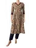 Kalamkari Cotton V neck Paneled Kurta with Ajrakh Patches, Piping Details & Pleats , Ivory,  KK1086