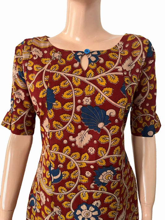 Kalamkari Cotton Paneled Boat neck Kurta with Gathered Half Sleeves & Keyhole front, Maroon,  KK1087