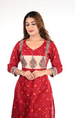 Pleated Cotton Satin Bandhani Kurta with V neck & Kalamkari Patches, Red, KP1082