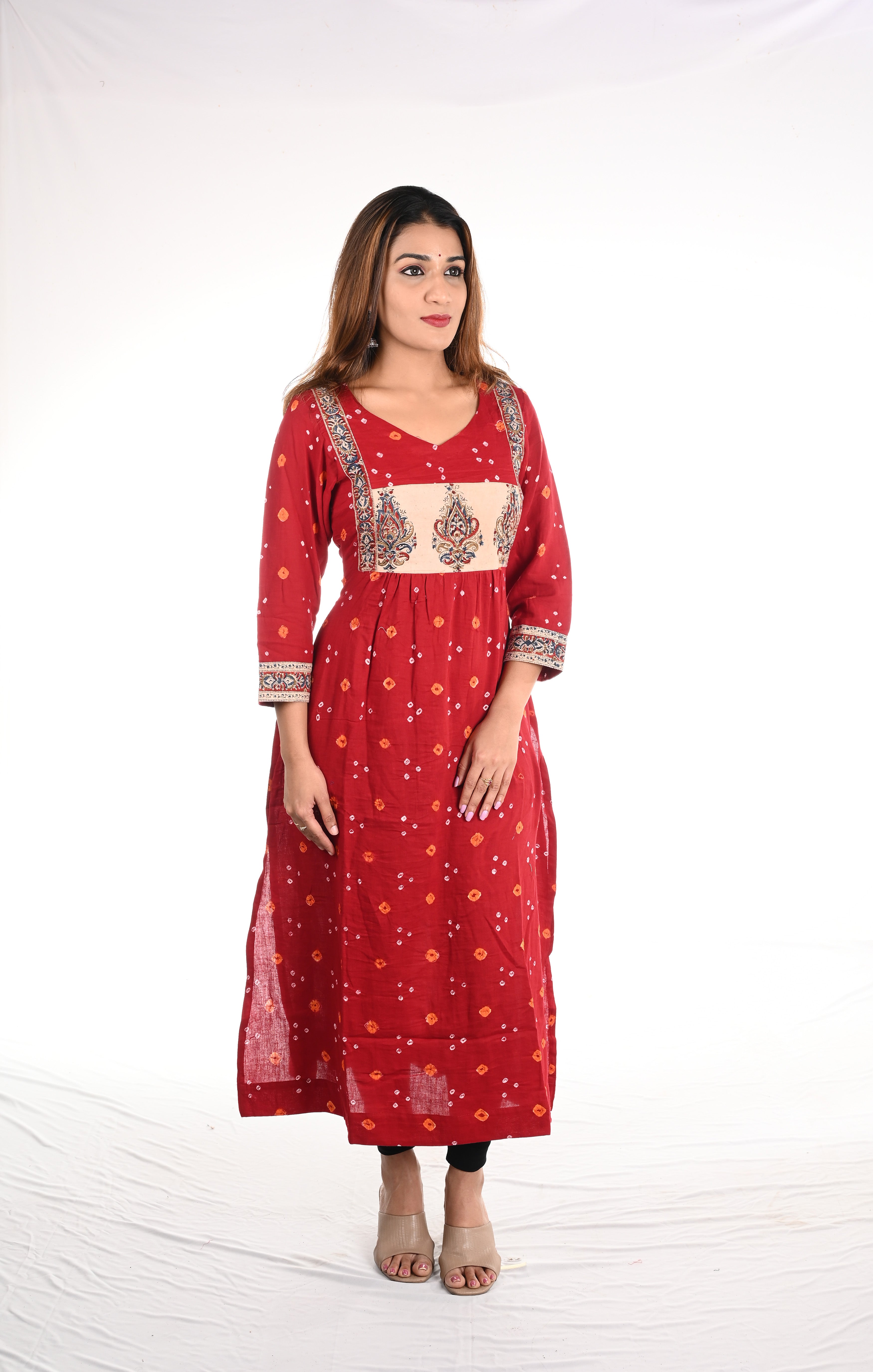 Pleated Cotton Satin Bandhani Kurta with V neck & Kalamkari Patches, Red, KP1082