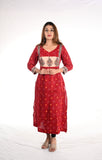 Pleated Cotton Satin Bandhani Kurta with V neck & Kalamkari Patches, Red, KP1082