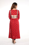 Pleated Cotton Satin Bandhani Kurta with V neck & Kalamkari Patches, Red, KP1082