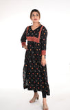 Pleated Cotton Satin Bandhani Kurta with V neck & Ajrakh Patches, Black, KP1083