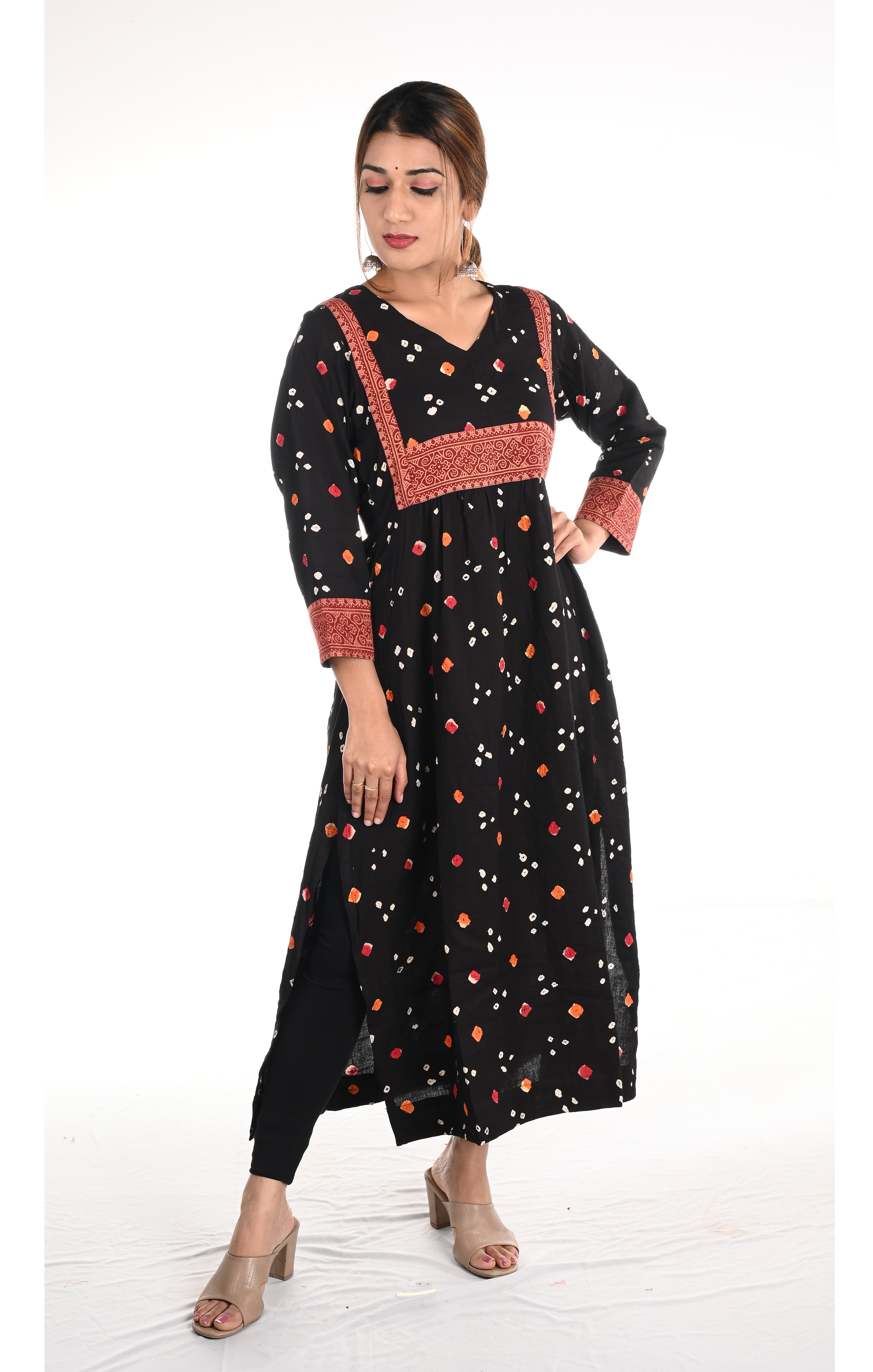 Pleated Cotton Satin Bandhani Kurta with V neck & Ajrakh Patches, Black, KP1083