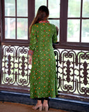 Bandhani Cotton  V-collar neck Paneled kurta with Ajrakh Patches and 3/4 Sleeves,  Olive Green,  KP1085