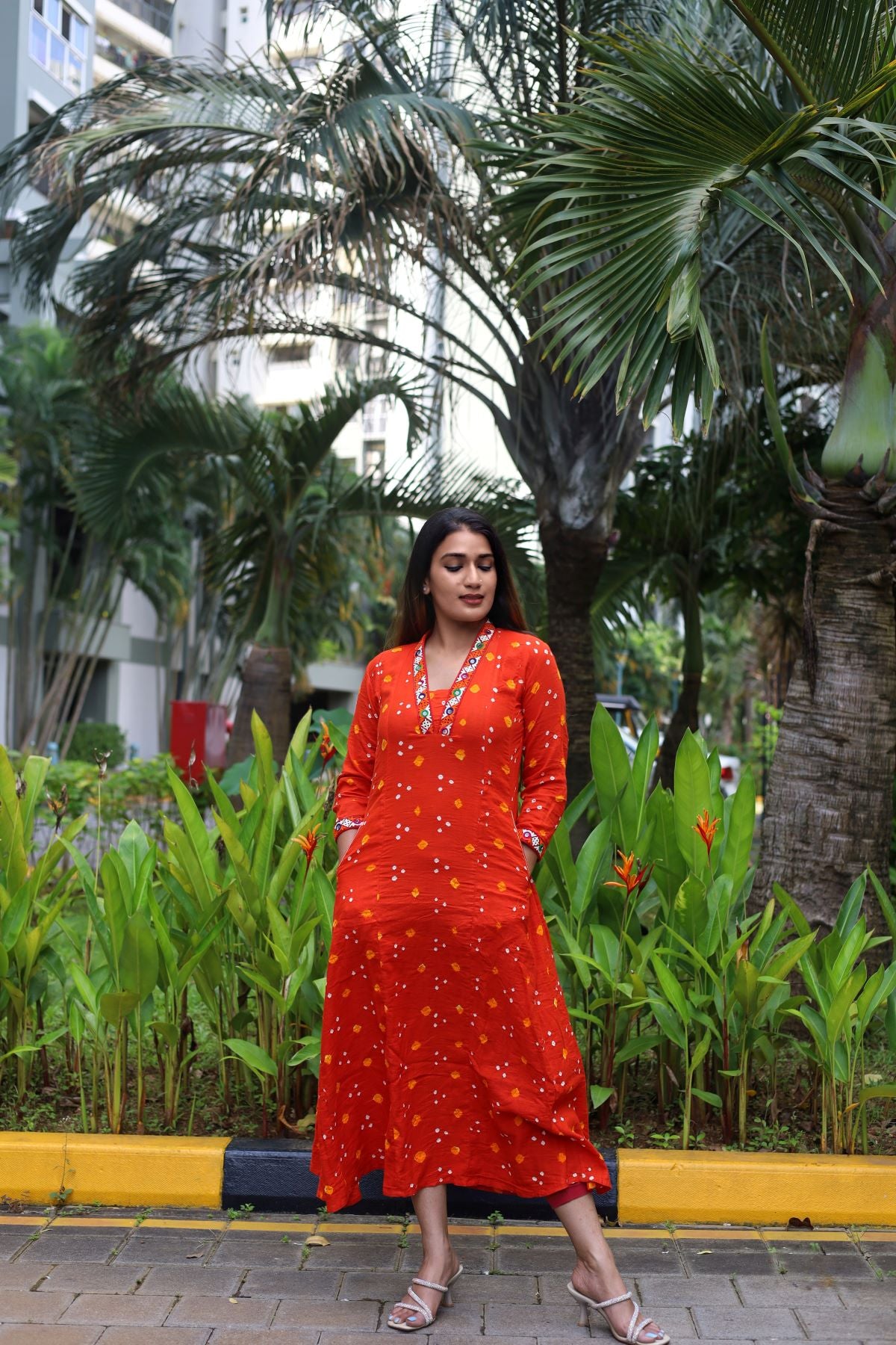 Bandhani Satin Cotton V Collar Paneled Kurta with Mirror Work Lace Details , Orange, KP1089