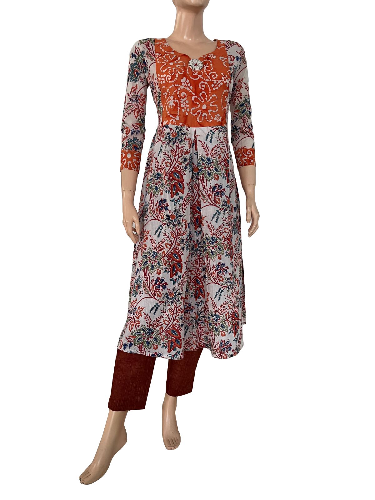 Mul Cotton Jaipur Printed Y Neck Pleated kurta with Bathik Patches , Multicolor,  KP1094