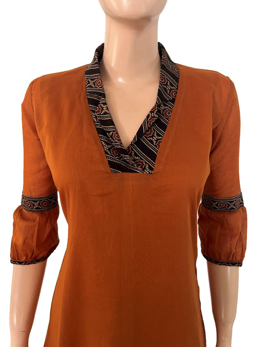 Mul Cotton Shawl Collar  A Line  kurta with Ajrakh Patches & Pleated Sleeves, Rust, KP1095