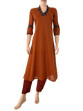 Mul Cotton Shawl Collar  A Line  kurta with Ajrakh Patches & Pleated Sleeves, Rust, KP1095