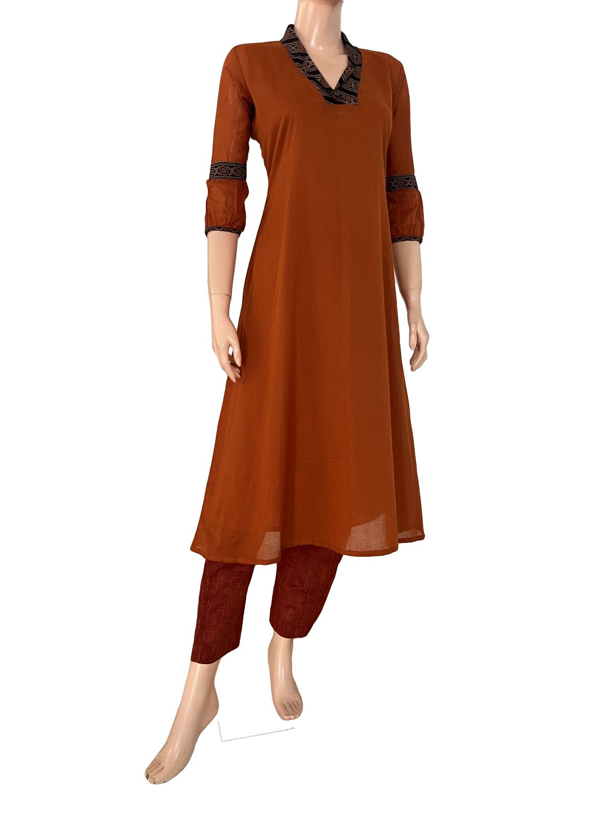 Mul Cotton Shawl Collar  A Line  kurta with Ajrakh Patches & Pleated Sleeves, Rust, KP1095