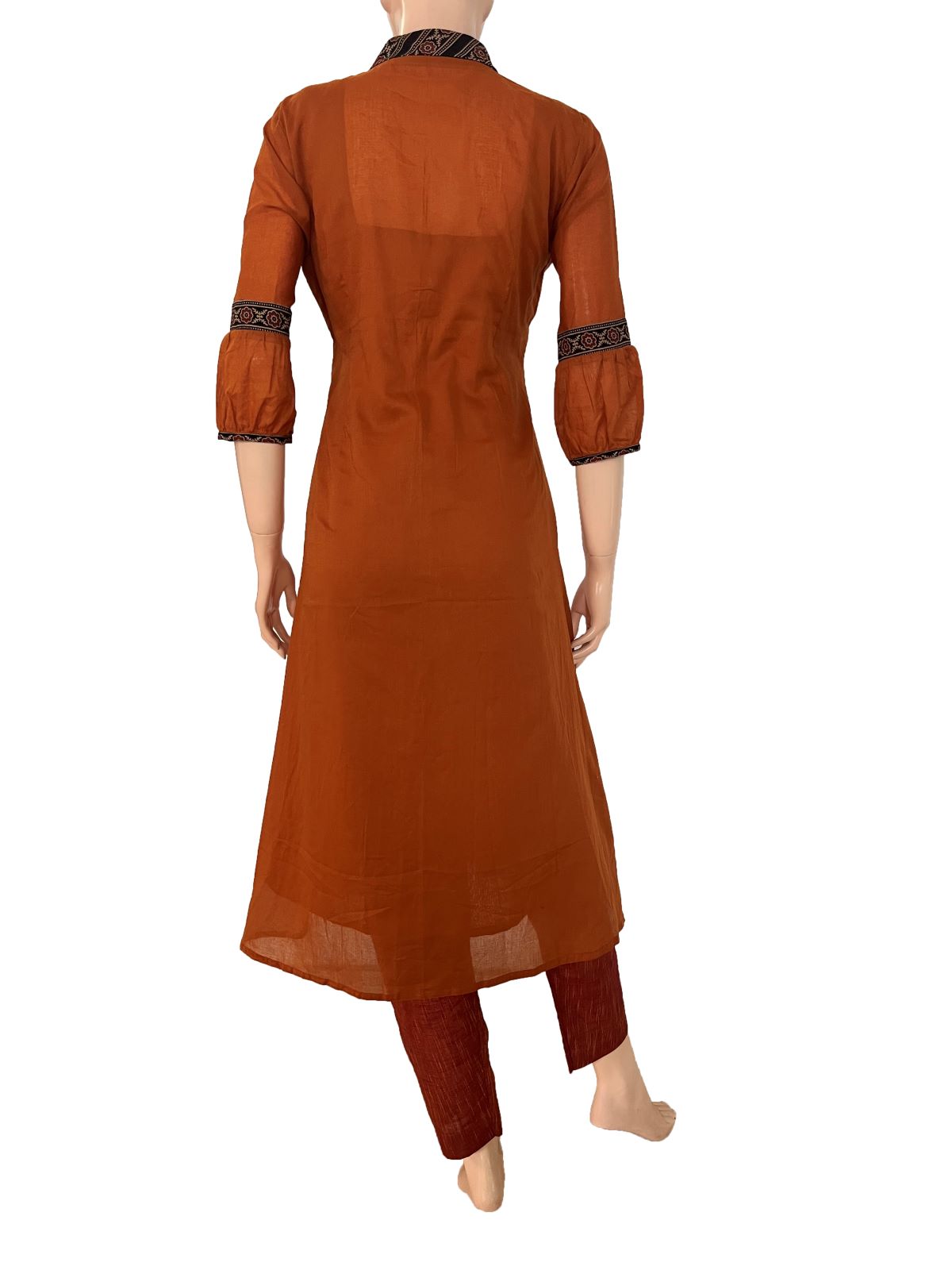 Mul Cotton Shawl Collar  A Line  kurta with Ajrakh Patches & Pleated Sleeves, Rust, KP1095