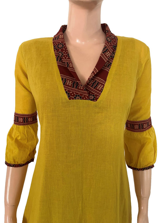 Mul Cotton Shawl Collar  A Line  kurta with Ajrakh Patches & Pleated Sleeves, Mustard, KP1096