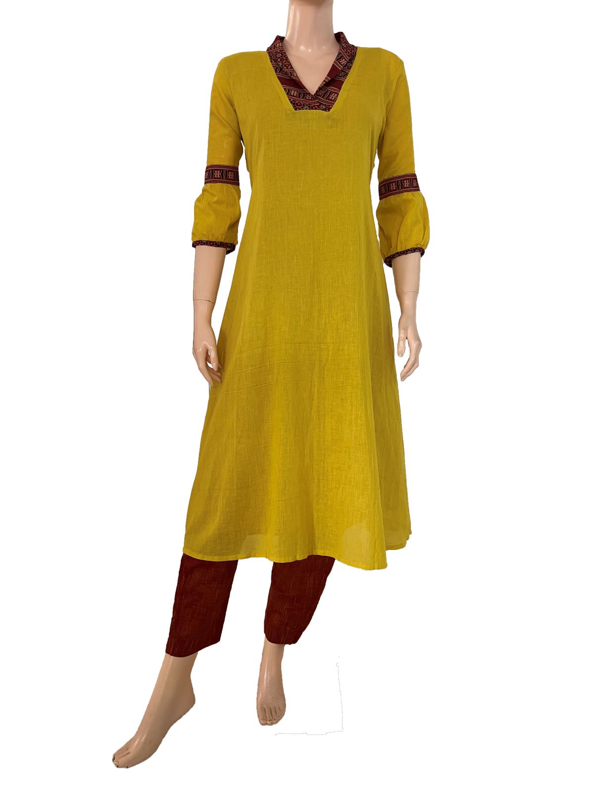 Mul Cotton Shawl Collar  A Line  kurta with Ajrakh Patches & Pleated Sleeves, Mustard, KP1096