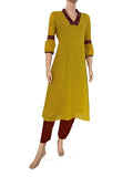 Mul Cotton Shawl Collar  A Line  kurta with Ajrakh Patches & Pleated Sleeves, Mustard, KP1096